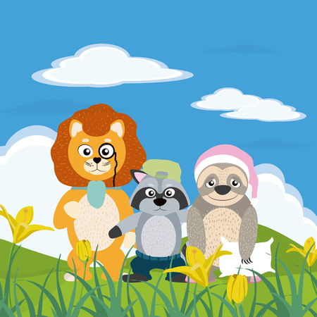 Cute and funny animals on landscape vector illustration graphic designのイラスト素材