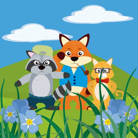 Cute and funny animals on landscape vector illustration graphic designのイラスト素材