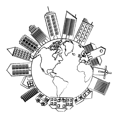 grunge global planet with architecture buildings and houses vector illustrationのイラスト素材