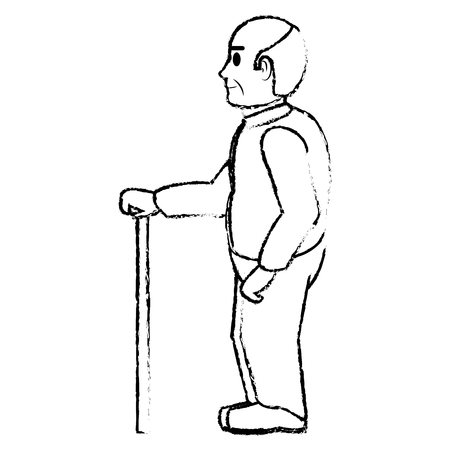 grunge old man on side with clothes and walking stickのイラスト素材