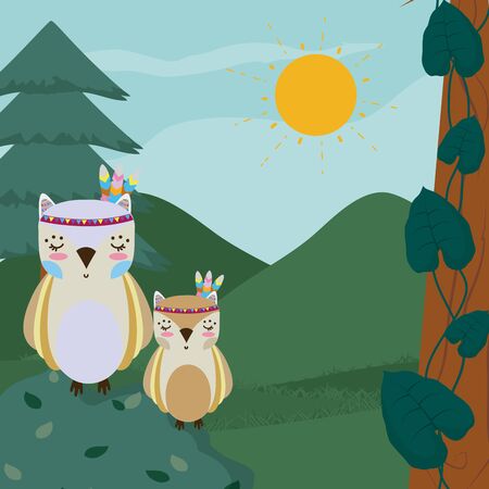 Owls cute hippie cartoon Vector illustration.のイラスト素材