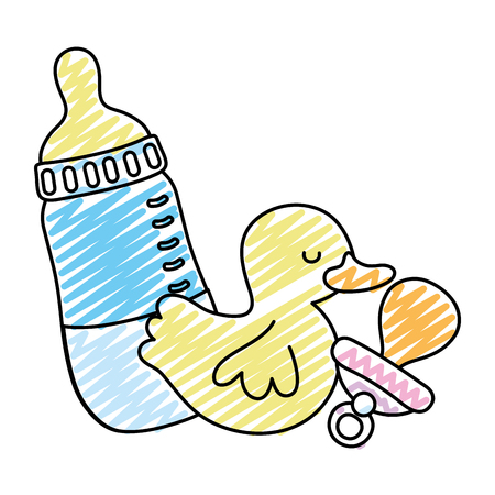 doodle bottle feeding with pacifier and rubber duck vector illustrationのイラスト素材