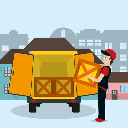 Delivery service concept with boxes and delivery boy Vector illustration.のイラスト素材