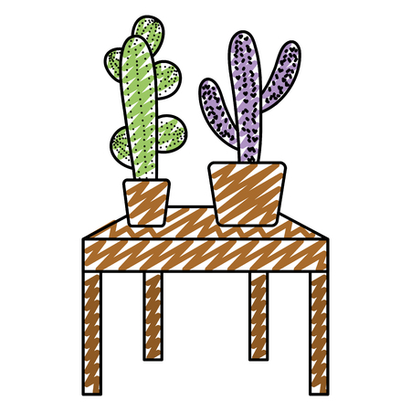 doodle nature cactus plant inside flowerpot in the table vector illustrationのイラスト素材