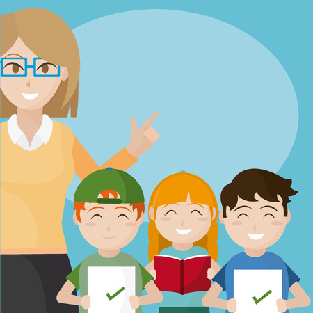 Woman teacher with school kids cartoons vector illustration graphic designのイラスト素材