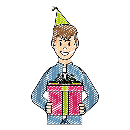 doodle happy man with present gift and party hat vector illustrationのイラスト素材