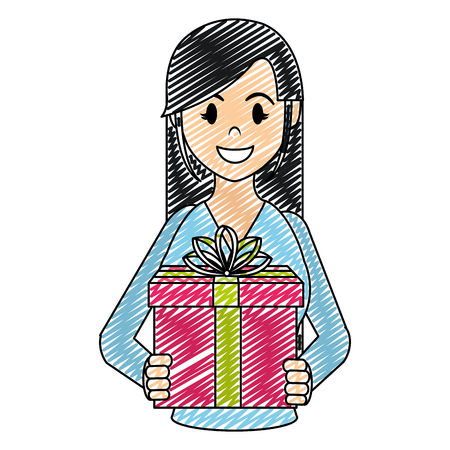 doodle happy woman with present gift and ribbon bow vector illustrationのイラスト素材