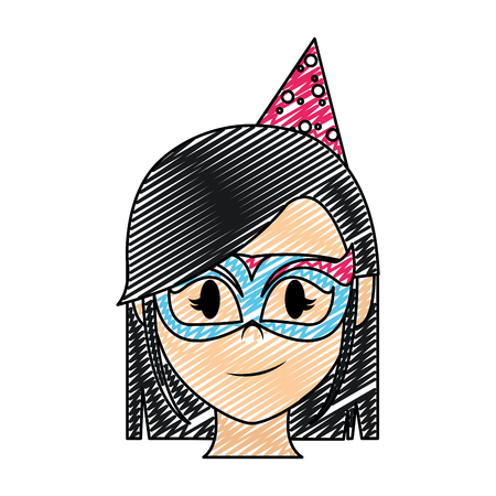 doodle woman head with party hat and mask vector illustrationのイラスト素材