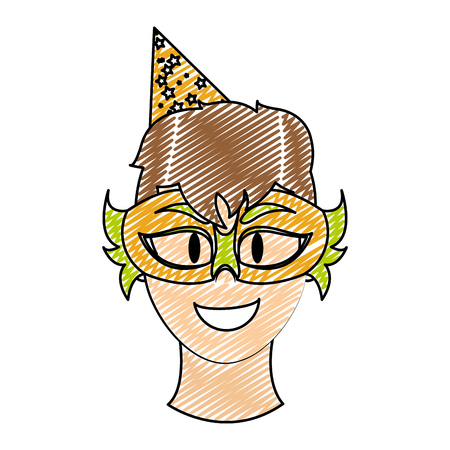 doodle man head with birthday party mask and hat vector illustrationのイラスト素材