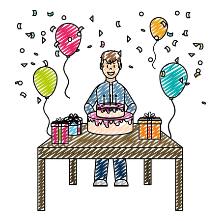 doodle man celebrating happy birthday party vector illustrationのイラスト素材