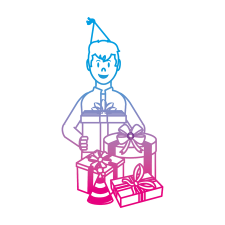 degraded line happy man with presents and party hatのイラスト素材