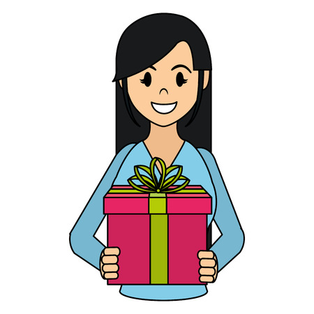 color happy woman with present gift and ribbon bow vector illustrationのイラスト素材