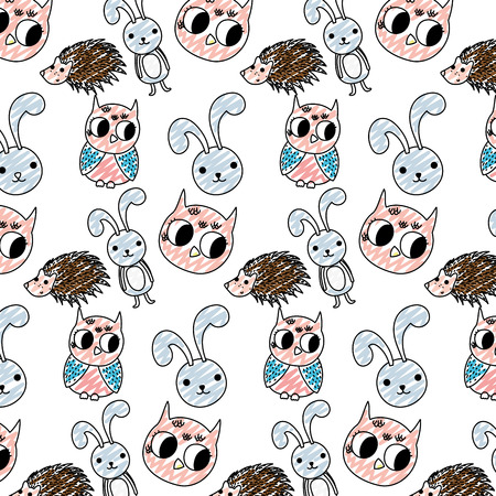 doodle cute rabbit with porcupine and owl animals background vector illustrationのイラスト素材