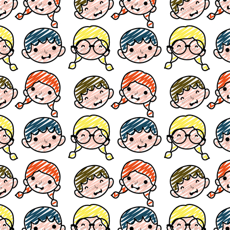 doodle happy children heads with hairstyle background vector illustrationのイラスト素材