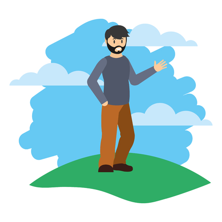 happy man hairstyle with clothes in the landscape vector illustrationのイラスト素材