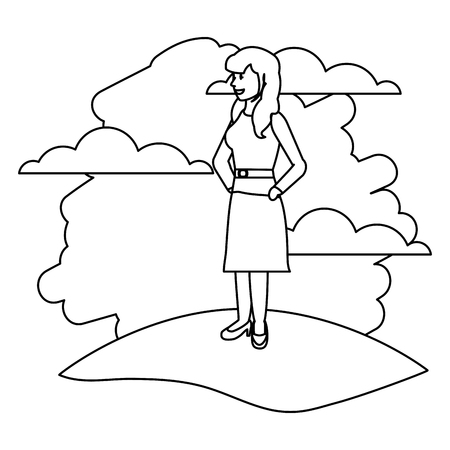 line happy woman with hairstyle and clothes in the landscape vector illustrationのイラスト素材