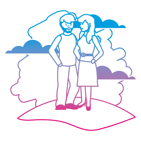 degraded line couple man with woman with hairstyle in the lanscapeのイラスト素材