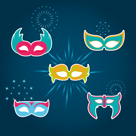 Set of party mask collection over fireworks background vector illustration graphic designのイラスト素材