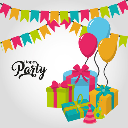 Happy party card with balloons and gifts.のイラスト素材