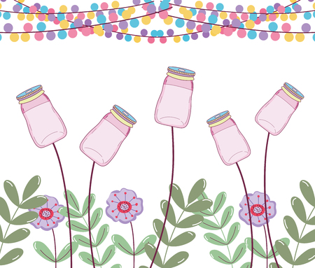 Mason jars with flowers vintage drawing on pastel colors vector illustration graphic designのイラスト素材
