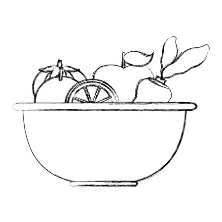 grunge healthy vegetables and fres fruits inside bowl vector illustrationのイラスト素材