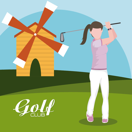 Golf player with ckub over windmill landscape vector illustration graphic designのイラスト素材