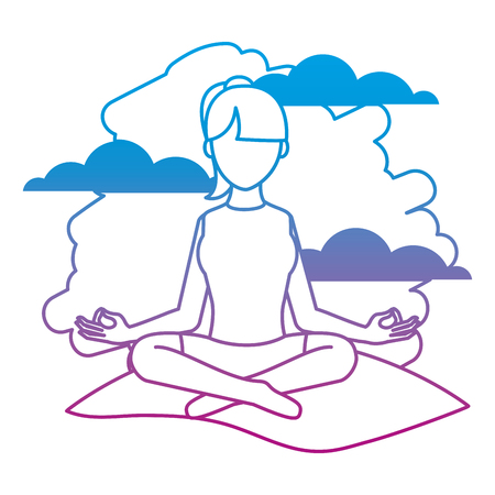 Degraded line woman sitting yoga position in the landscapeのイラスト素材