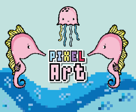 Pixel art aquatic world cartoon vector illustration graphic design