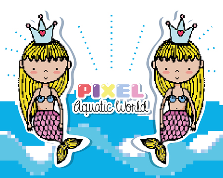 Pixel art cute mermaids cartoon vector illustration graphic designのイラスト素材