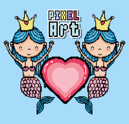 Pixel art cute mermaids cartoons vector illustration graphic designのイラスト素材