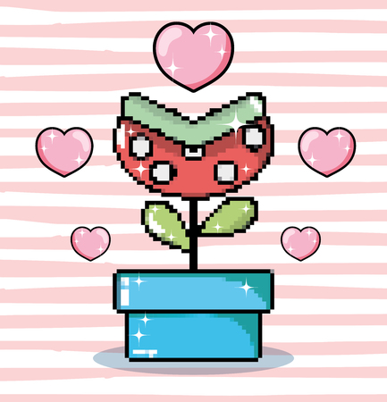 Pixel art carnivore flower in tub cartoon vector illustration graphic designのイラスト素材