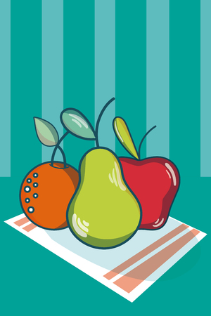 Fruits on tablecloth cartoons concept over striped colorful background vector illustrationのイラスト素材