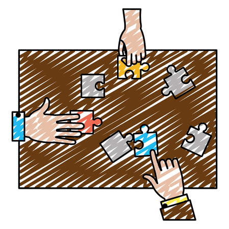 Doodle businesspeople hands playing puzzle in the table vector illustrationのイラスト素材