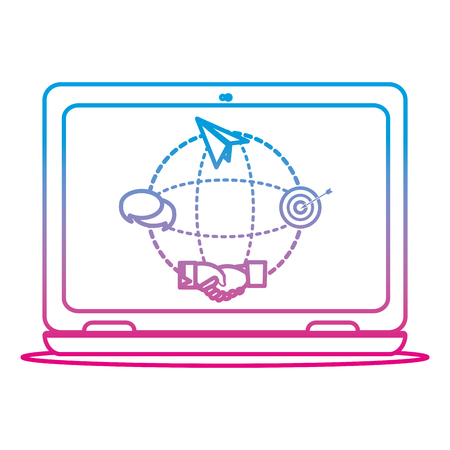 Degraded line laptop with teamwork business communication strategy vector illustrationのイラスト素材