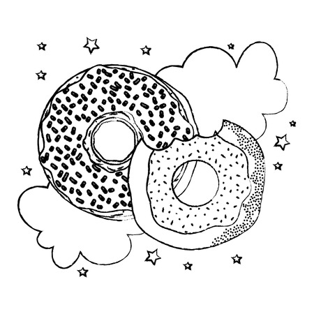 grunge delicious donuts with cloud pop art vector illustrationのイラスト素材