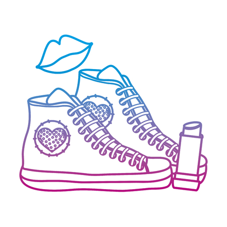 degraded line sneakers shoes with fashion lips and lipstick vector illustrationのイラスト素材