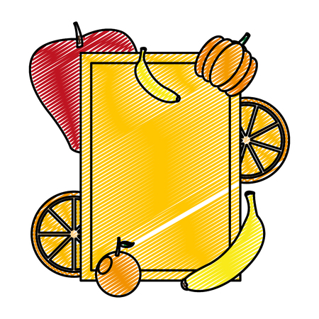 doodle emblem with delicious fruits and organic vegetable vector illustrationのイラスト素材