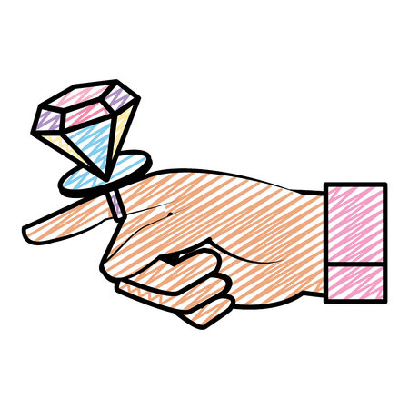 doodle man hand with diamond engagement ring vector illustrationのイラスト素材