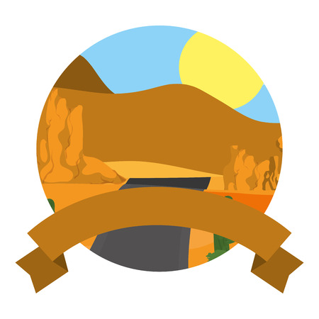 desert mountains and road landscape with ribbon vector illustrationのイラスト素材