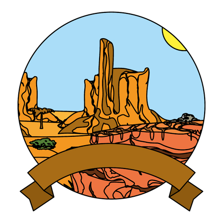 color desert palm tree and canyon landscape with ribbonのイラスト素材