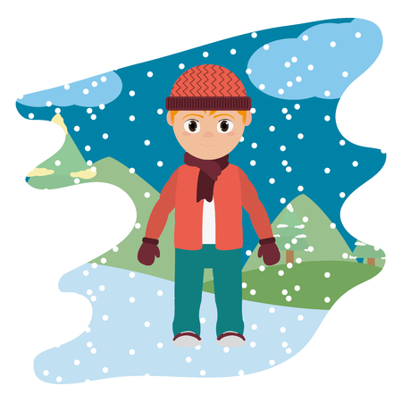boy with winter clothes and snowing weather vector illustrationのイラスト素材
