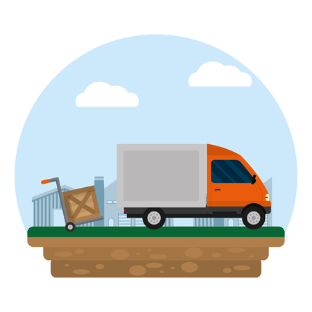 delivery platform trolleys with wood packages and truckのイラスト素材