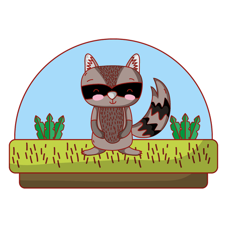 cute raccoon animal in the countryside and plants vector illustrationのイラスト素材