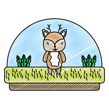 doodle deer cute animal in the countryside and plants vector illustrationのイラスト素材