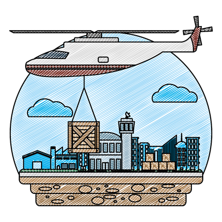 doodle helicopter transport with wood box delivery vector illustrationのイラスト素材