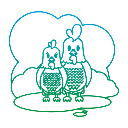 degraded line couple rooster and hen farm animal in the landscape vector illustrationのイラスト素材