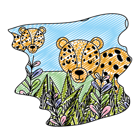doodle adorable leopard couple animal in the forest vector illustrationのイラスト素材
