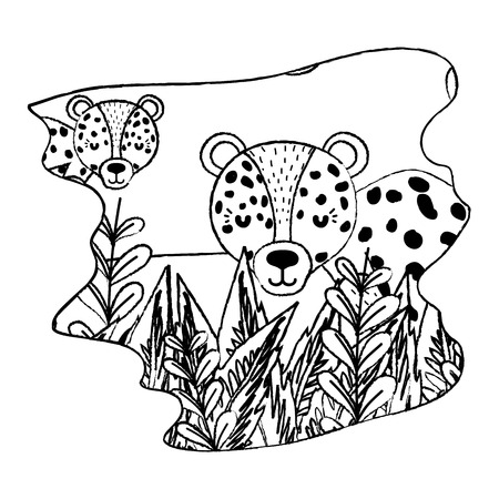 grunge adorable leopard couple animal in the forest vector illustrationのイラスト素材