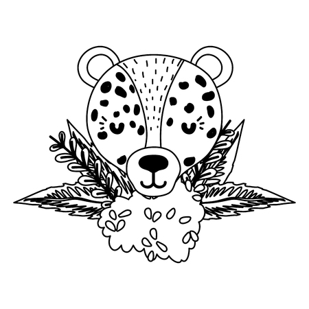 line leopard head animal with bush flowers plants vector illustrationのイラスト素材