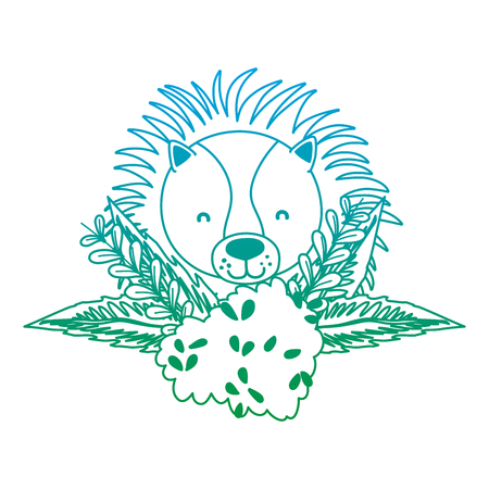 degraded line lion head animal with bush flowers plants vector illustrationのイラスト素材